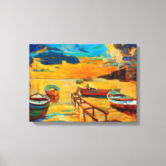Fishing boats and ocean at sunset canvas print