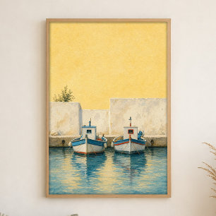 Fishing Boats in a Tiny Harbour Watercolour Poster