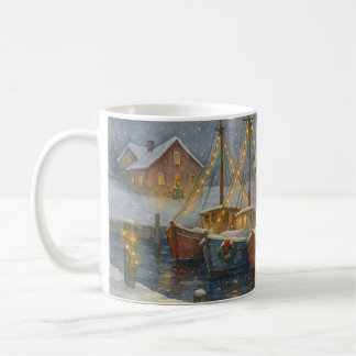 Fishing Boats in Harbor Christmas Coffee Mug