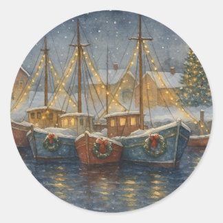 Fishing Boats in Harbour Christmas Card Classic Round Sticker