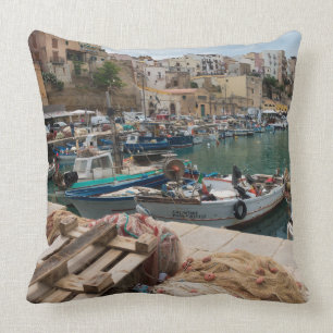 Fishing boats in the Castellammare del Golfo port Throw Pillow