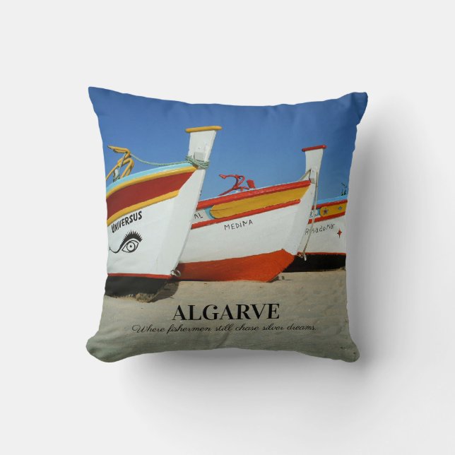 Fishing Boats on Algarve's Beach Photo Throw Pillow (Front)
