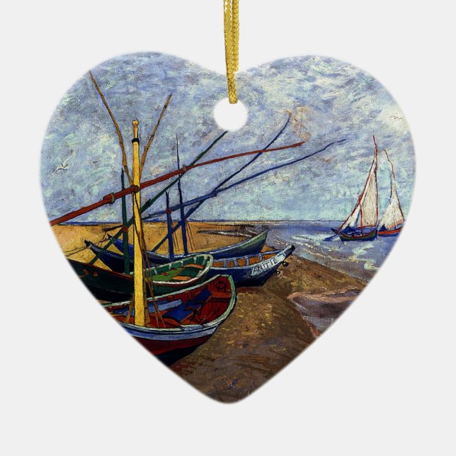 Fishing Boats on Beach Ceramic Ornament (Front)
