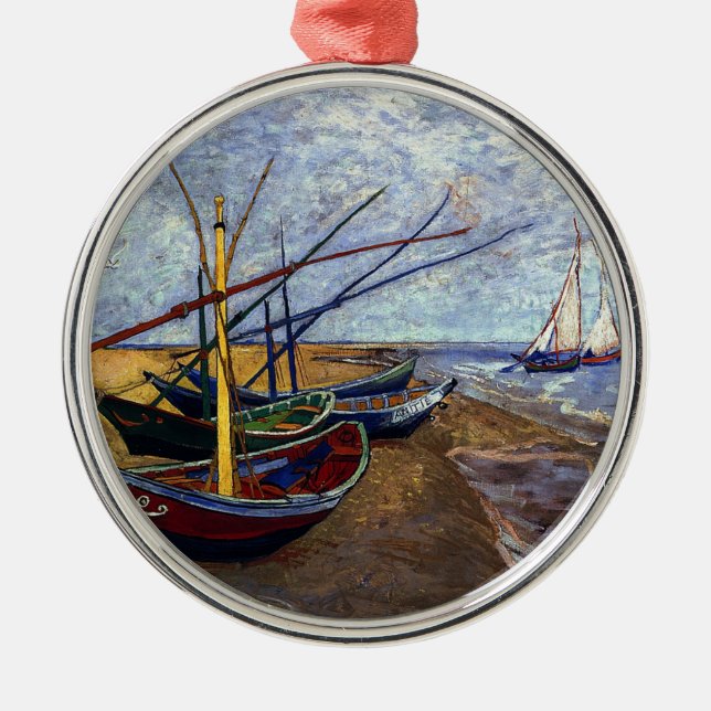 Fishing Boats on Beach Metal Ornament (Front)