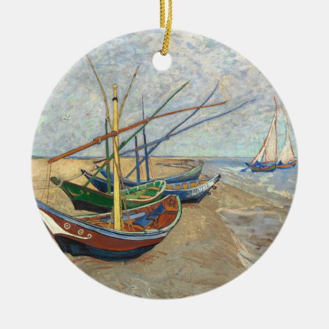Fishing Boats on the Beach by Vincent Van Gogh  Ceramic Ornament (Front)