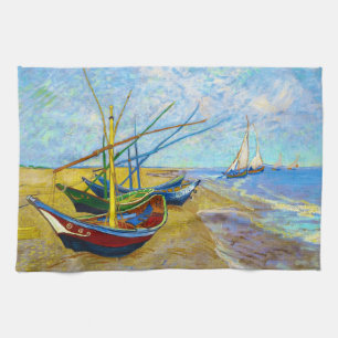Fishing Boats on the Beach by Vincent Van Gogh Kitchen Towel