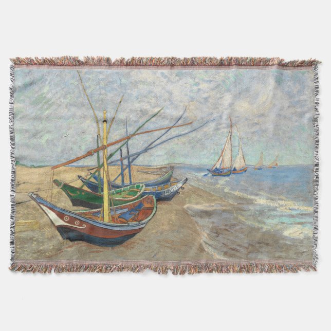 Fishing Boats on the Beach by Vincent Van Gogh  Throw Blanket (Front)