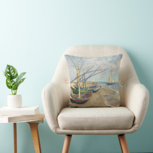Fishing Boats on the Beach by Vincent Van Gogh Throw Pillow