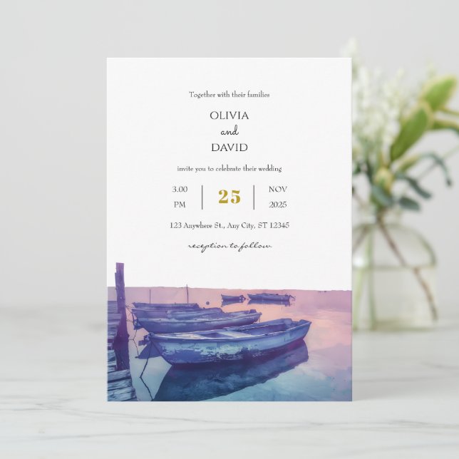 Fishing Boats Purple Twilight Sky Seaside Wedding  Invitation (Standing Front)
