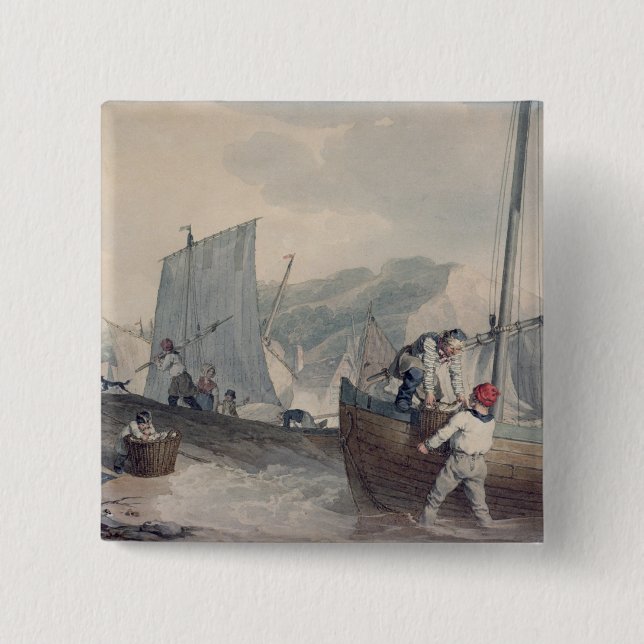 Fishing Boats Unloading 2 Inch Square Button (Front)