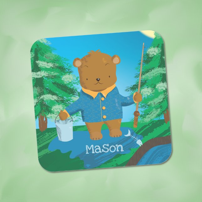 Fishing Brown Bear Kid Blue Green Sticker (Creator Uploaded)