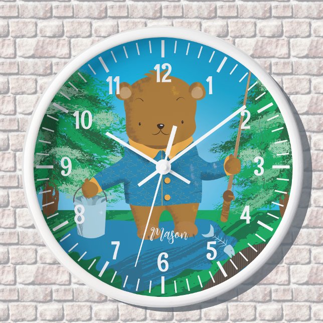 Fishing Brown Bear Kid Wall Clock with Name (Creator Uploaded)