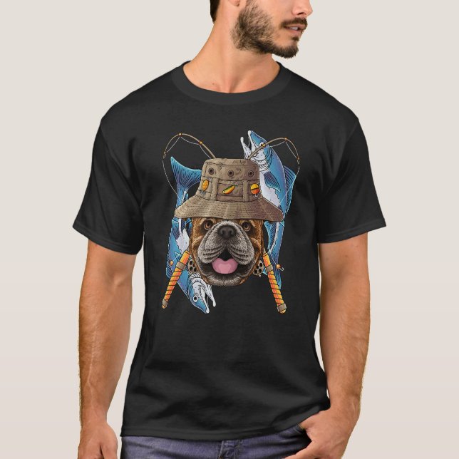 Fishing Bulldog Outdoor Fisherman Dog Cute Fly Fis T-Shirt (Front)