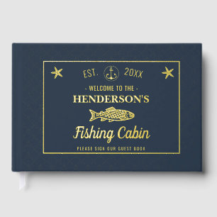 Fishing Cabin Anchors Fish Custom Welcome Gold Guest Book