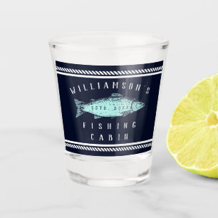 Fishing Cabin family name Minimal Navy blue Rustic Shot Glass