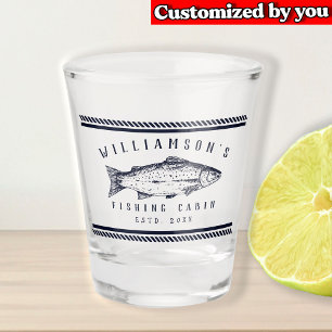 Fishing Cabin family name Minimal Navy blue Rustic Shot Glass