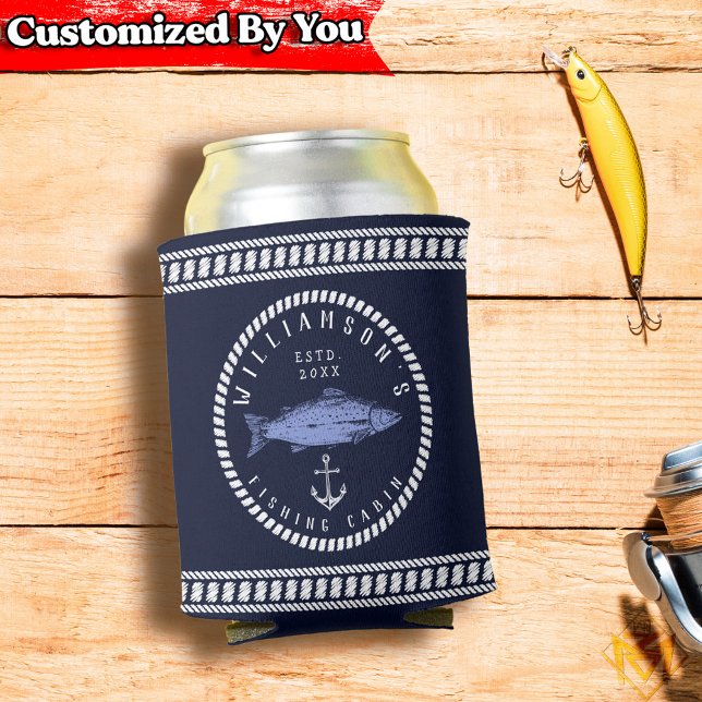 Fishing Cabin family name Navy blue Rustic Can Cooler (Creator Uploaded)