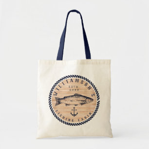 Fishing Cabin family name Wood Navy blue Rustic Tote Bag