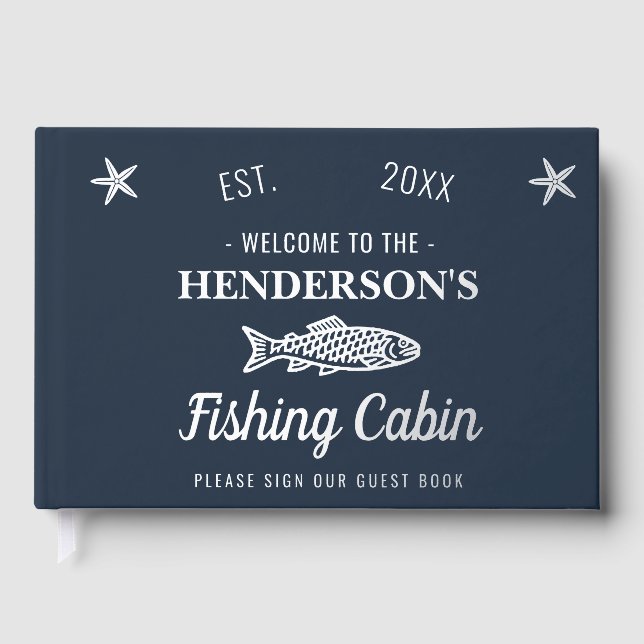 Fishing Cabin Personalized Welcome Silver Fish Guest Book (Front)
