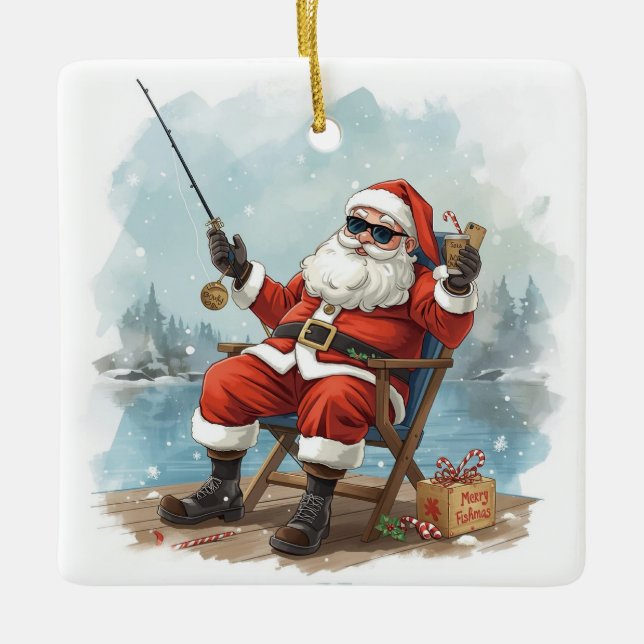 Fishing Christmas Themed  Ceramic Ornament (Front)