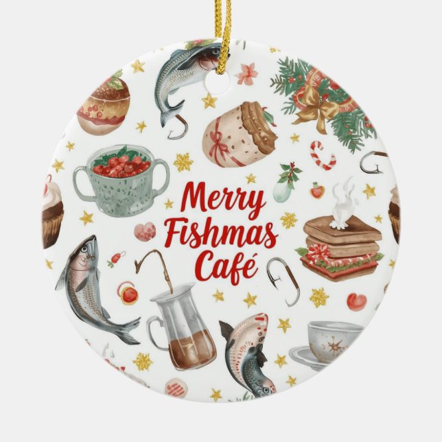 Fishing Christmas Themed  Ceramic Ornament (Front)