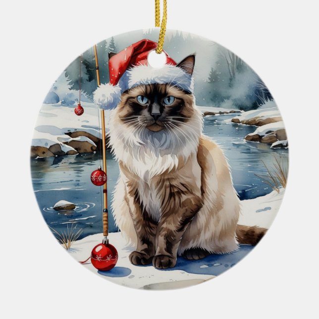 Fishing Christmas themed for Cat Lovers Ceramic Ornament (Front)
