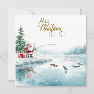 Fishing Christmas with Santa Claus Holiday Card