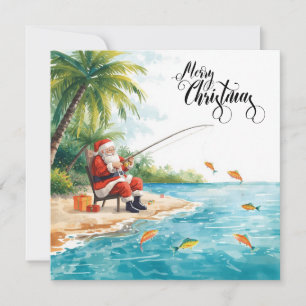 Fishing Christmas with Santa Claus  Holiday Card