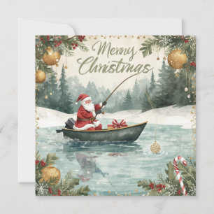 Fishing Christmas with Santa Claus in the Winter Holiday Card