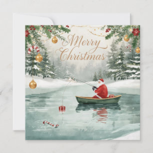 Fishing Christmas with Santa Claus in the Winter Holiday Card