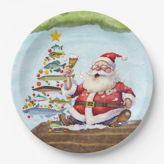 Fishing Christmas with Santa Claus Paper Plate (Front)