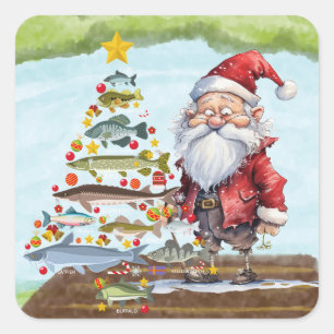 Fishing Christmas with Santa Claus Square Sticker