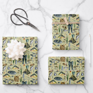 Fishing Equipment Fish Raft Tent Waders Pattern Wrapping Paper Sheet
