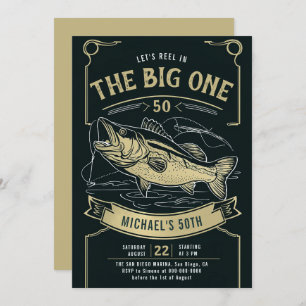 Fishing Fish Reel Black Gold Men 50th Birthday Invitation