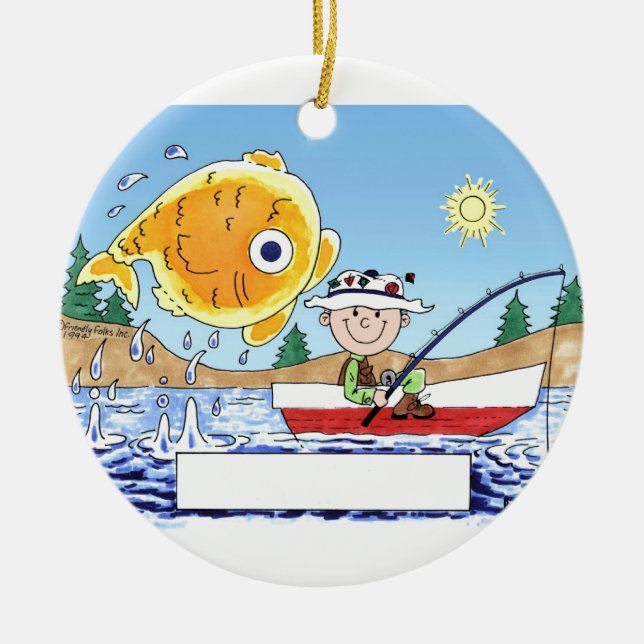 Fishing, Fisherman - Personalized Cartoon Ceramic Ornament (Front)