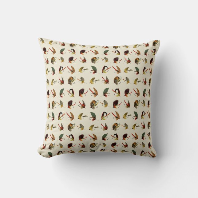 Fishing Flies Cream 16 x 16 Throw Pillow (Front)