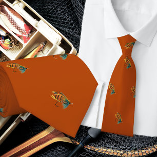 Fishing Flies Fisherman Rust Orange Neck Tie