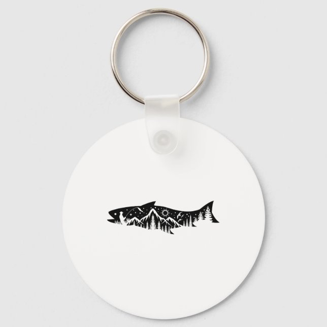 Fishing Forest Mountain Silhouette Outdoor Adventu Keychain (Front)