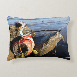 Fishing Fubby on a can at the water side. Accent Pillow