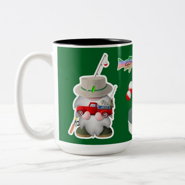 Fishing Gnome with Little Red Truck Two-Tone Coffee Mug (Left)