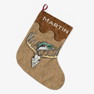 Fishing Hunting Deer Antlers Jumping Fish Large Christmas Stocking