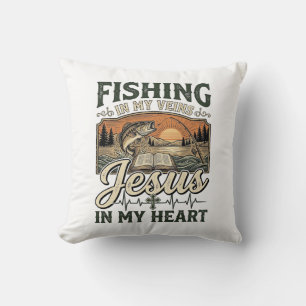 Fishing In My Veins Jesus In My Heart Vintage Throw Pillow