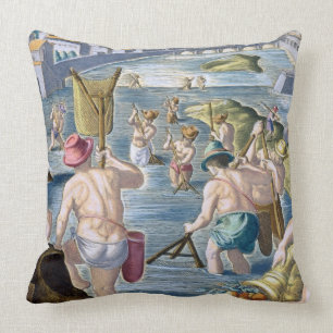 Fishing in Shallow Waters Using Nets, plate 96 fro Throw Pillow