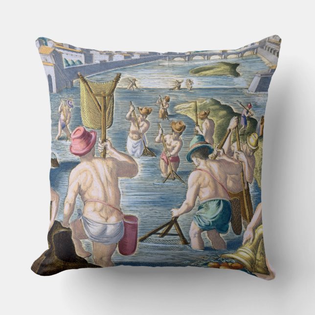 Fishing in Shallow Waters Using Nets, plate 96 fro Throw Pillow (Front)