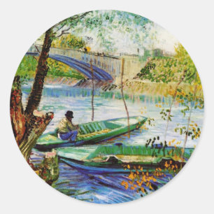 Fishing in Spring, Vincent van Gogh. Classic Round Sticker