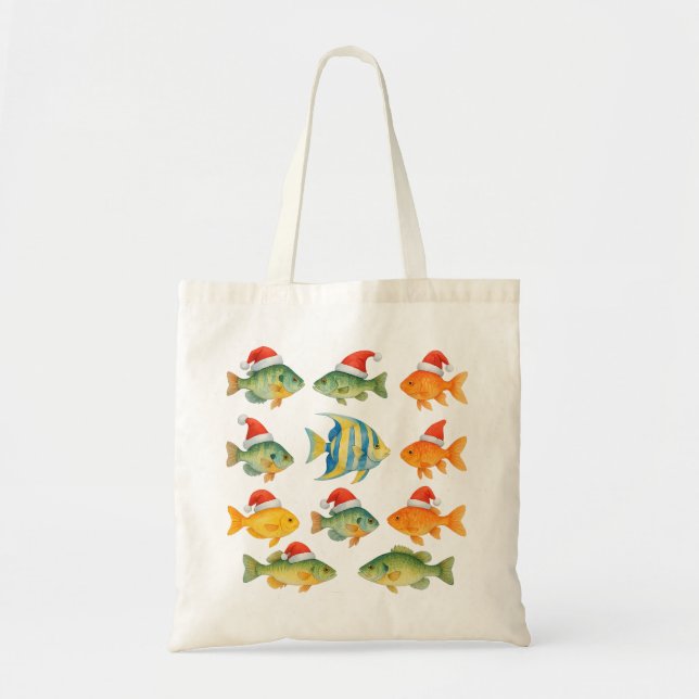 Fishing Lover Christmas Themed with Santa Hat Tote Bag (Front)
