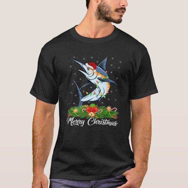 Fishing Lover Matching Santa Hat White Marlin Fish T-Shirt (Front)