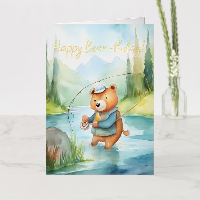 Fishing Lover Watercolor Bear Birthday Card (Flower)