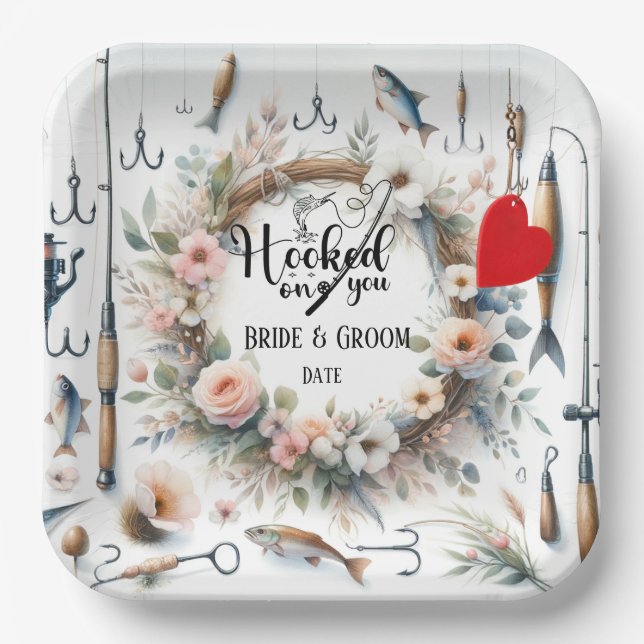 Fishing Lover wedding with rod and flowers  Paper Plate (Front)