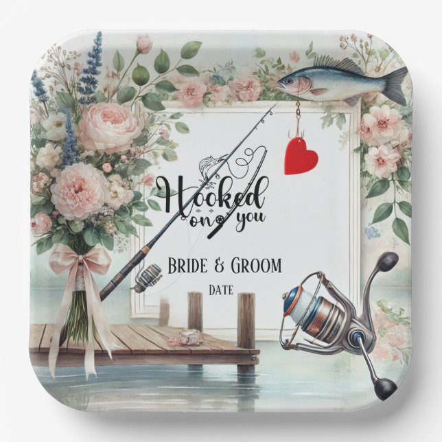 Fishing Lover wedding with rod and flowers  Paper Plate (Front)